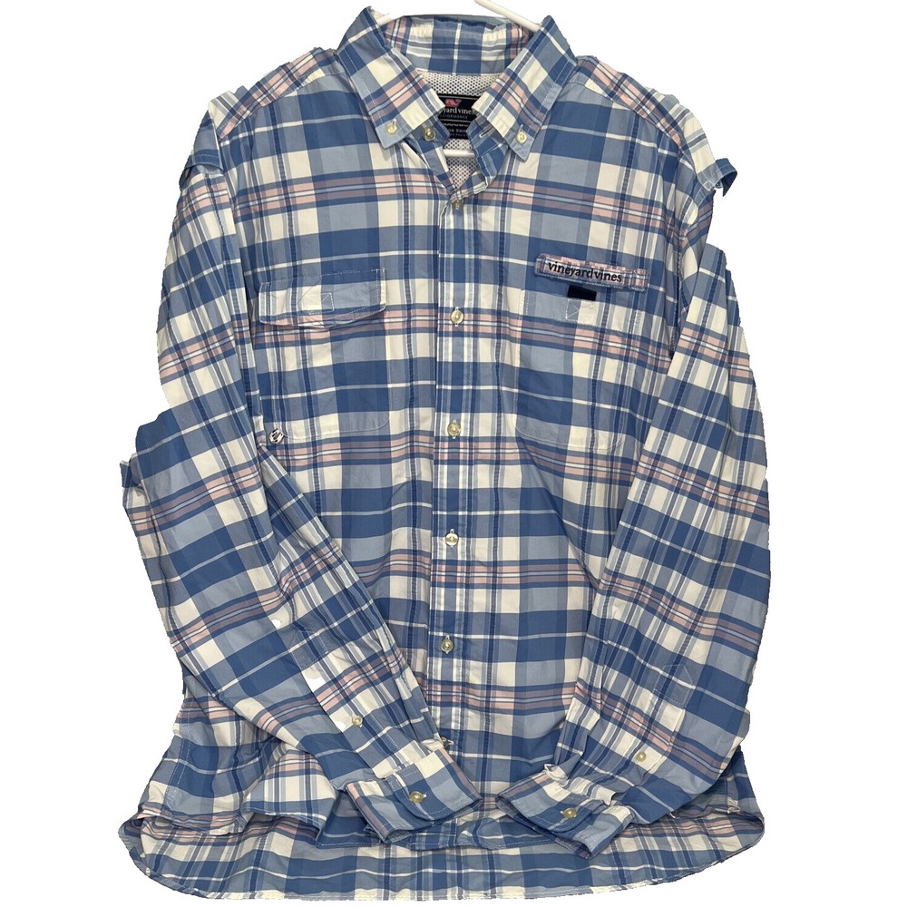 Vineyard Vines Performance Vented Shirt Men's Medium Blue Plaid Boating Coastal